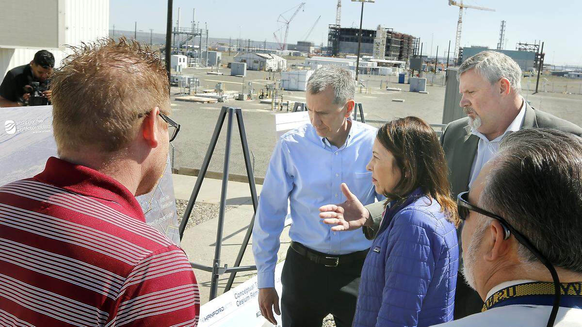 Sen. Maria Cantwell, D-Wash., listens to a briefing on tank waste technology during a tour of the Hanford nuclear reservation in April 2019.