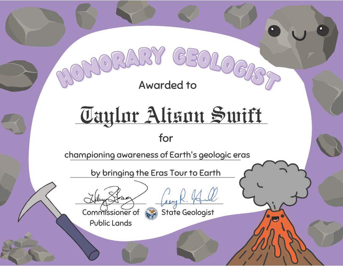Certificate recognizing Taylor Swift as an Honorary Geologist for Washington State, signed by Commissioner of Public Lands Hilary Franz and State Geologist Casey Hanell.