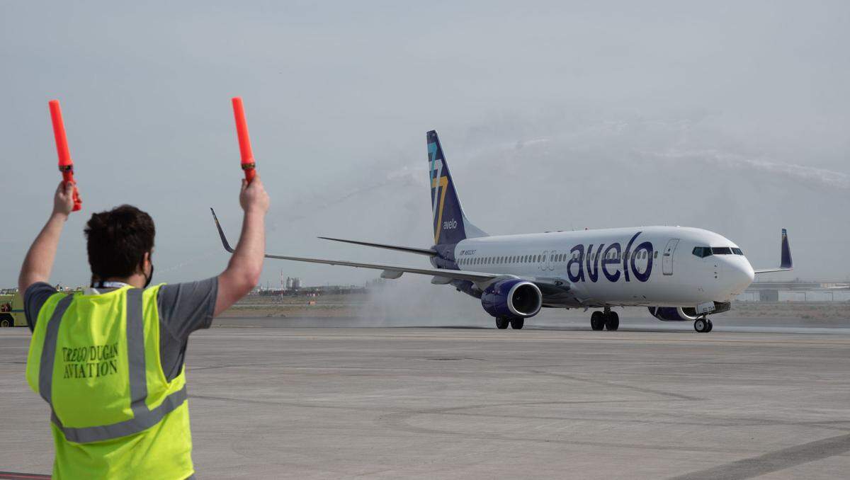 The first Avelo Airlines flight into Pasco is greeted by water cannon salute as it is ushered to its gate at the Tri-Cities Airport on Thursday. The newest airline to launch in the U.S. in 15 years will have nonstop flights between Hollywood Burbank and the Tri-Cities several days a week.