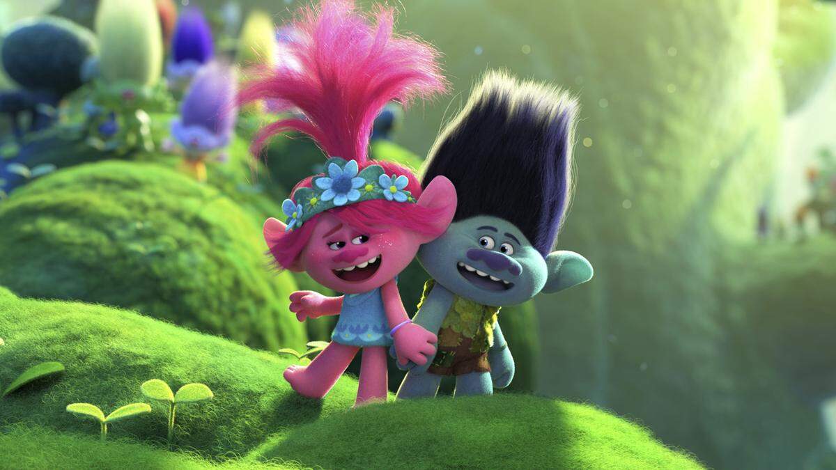 This image released by DreamWorks Animation shows characters Branch, voiced by Justin Timberlake, right, and Poppy, voiced by Anna Kendrick in a scene from “Trolls World Tour.”