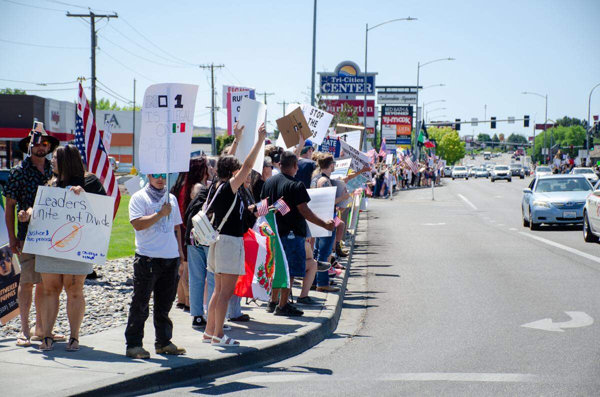 Thousands gathered Saturday, June 14, along Columbia Center Boulevard in Kennewick, Washington, for the nationwide “No Kings” protest. They demonstrated against President Donald Trump’s policies and against arrests made in the Hispanic community by U.S. Immigration and Customs Enforcement, or ICE.