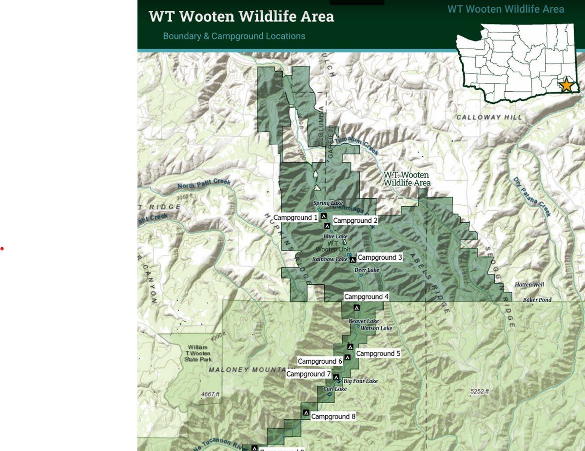 The W.T. Wooten Wildlife Area covers 17,000 acres, mostly in Columbia and Grant counties. It includes 17 miles of the Tucannon River.