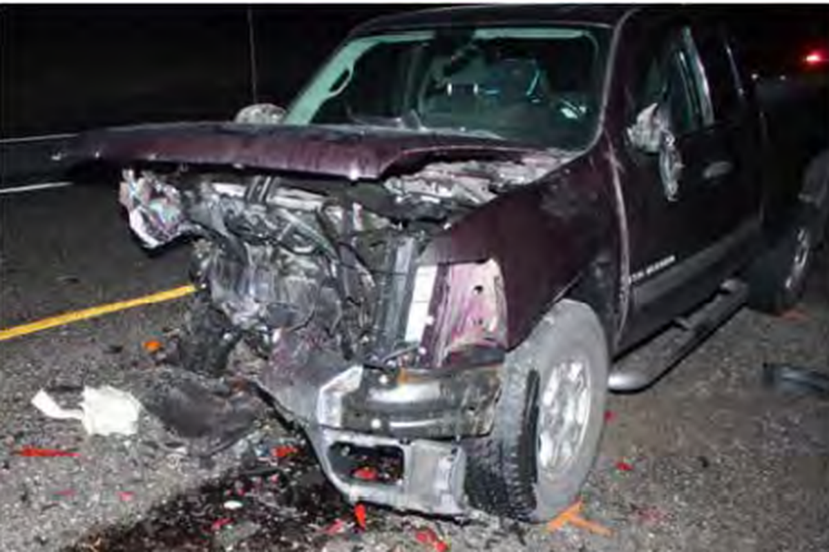 Michael Miller of Richland was driving this Silverado pickup when it was hit by a car that veered into his lane on Route 4 on the Hanford nuclear reservation Jan. 21.