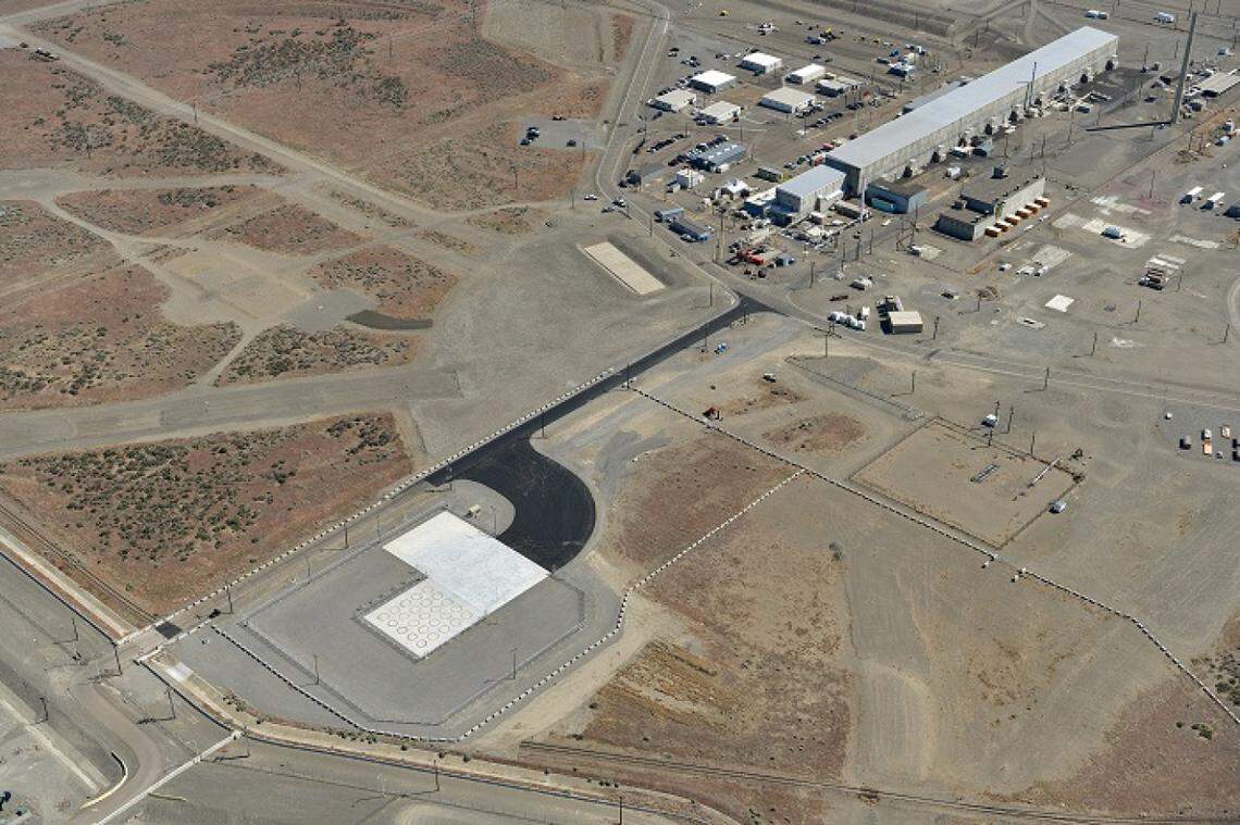 A pad was built a half mile from the Hanford site’s Waste Encapsulation and Storage Facility, which is on the end of B Plant, for dry storage of radioactive cesium and strontium capsules. The pad is shown before construction was completed.