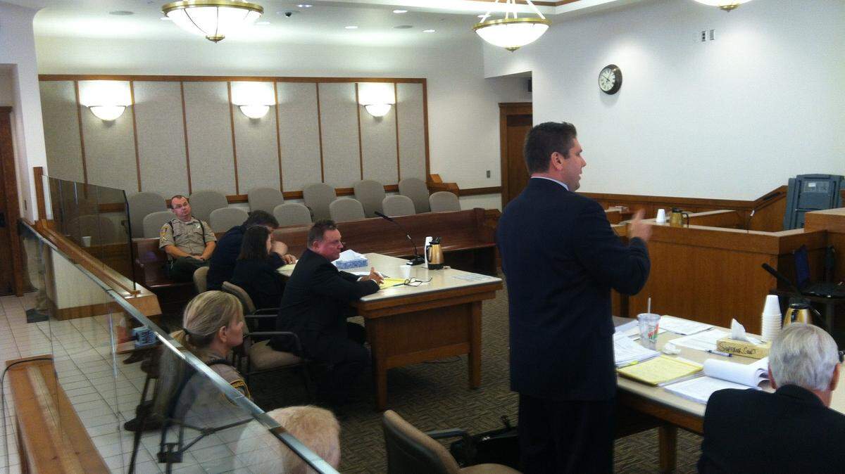 Franklin County Prosecutor Shawn Sant addresses Judge Cameron Mitchell during Tashia Stuart's sentencing hearing Wednesday morning in Franklin County Superior Court.