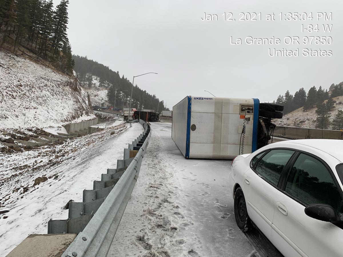 Interstate 84 is closed in both directions in Eastern Oregon after several semi trucks crash on the snowy and icy highway.