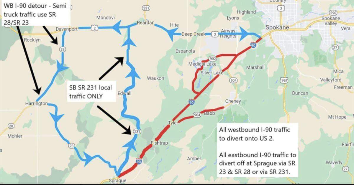 Detours to get travelers around a closed section of Interstate 90 are shown.