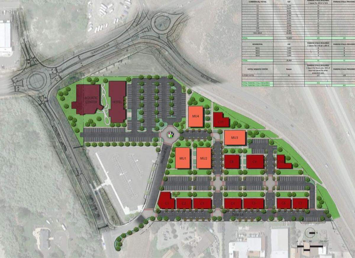 The six acres are targeted for a mixed-use makeover that could install a hotel with a modest water park, retail shops and condominiums in a park-like setting crisscrossed with walking paths and bike trails.