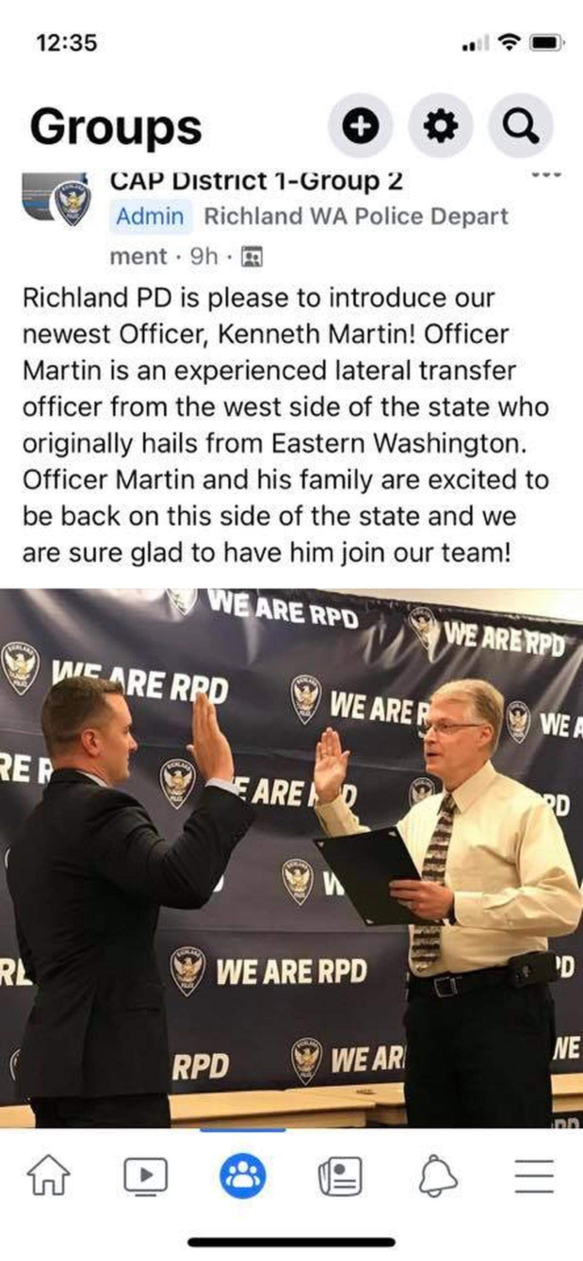 This post on a Richland police Facebook group introduced Kenneth Martin. The officer was involved with a shooting in Seattle about four years ago.