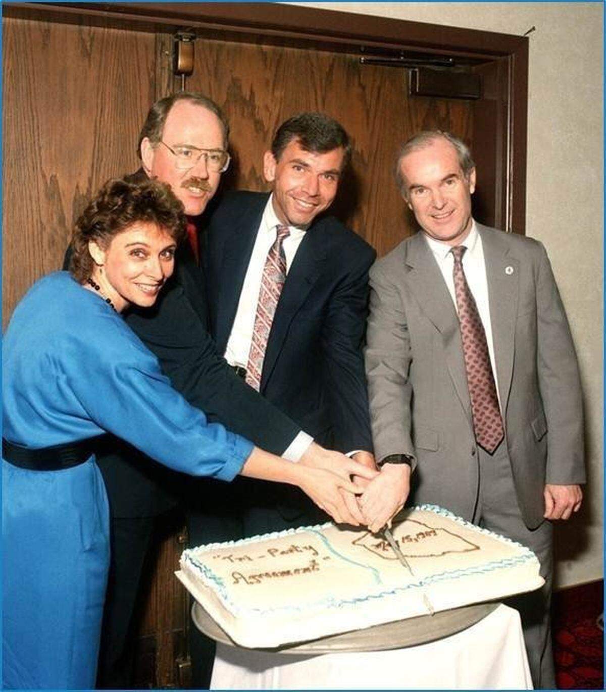 Mike Lawrence, second from right, celebrates signing of the Hanford Tri-Party Agreement in 1989 with then Attorney General and future Gov. Chris Gregoire, left, and then Gov. Booth Gardner, far right.
