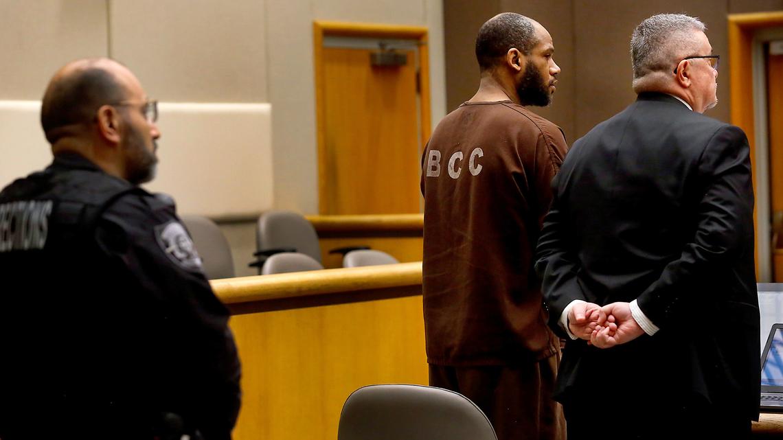 Anthony Spearman stands with his defense attorney Nicholas Blount during a 2023 hearing in Benton County Superior Court in Kennewick. Spearman is being tried for the August 2021 shooting death of Leonard Slack.