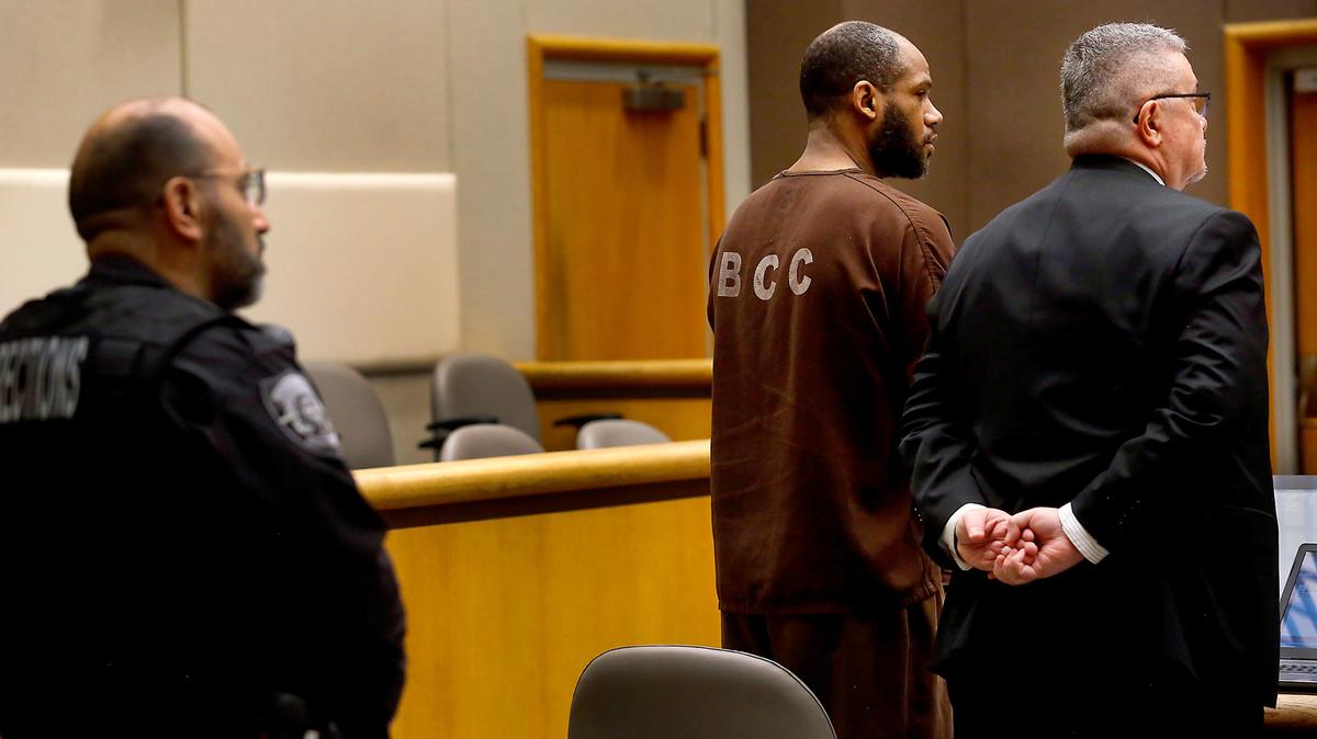 Anthony Spearman stands with his defense attorney Nicholas Blount during a 2023 hearing in Benton County Superior Court in Kennewick. Spearman is being tried for the August 2021 shooting death of Leonard Slack.