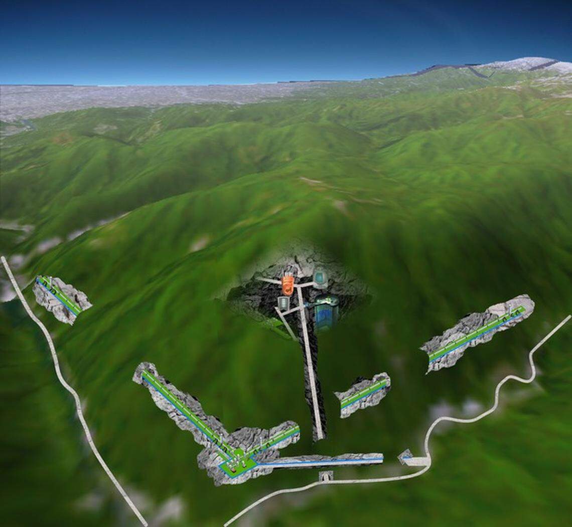 An illustration of the underground KAGRA gravitational-wave detector being commissioned in Japan.