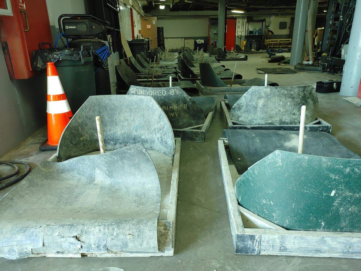Horseshoe pits, consisting of a post and clay base, wait to to be placed at Toyota Center in Kennewick for the National Horseshoe Pitchers Association’s World Tournament.
