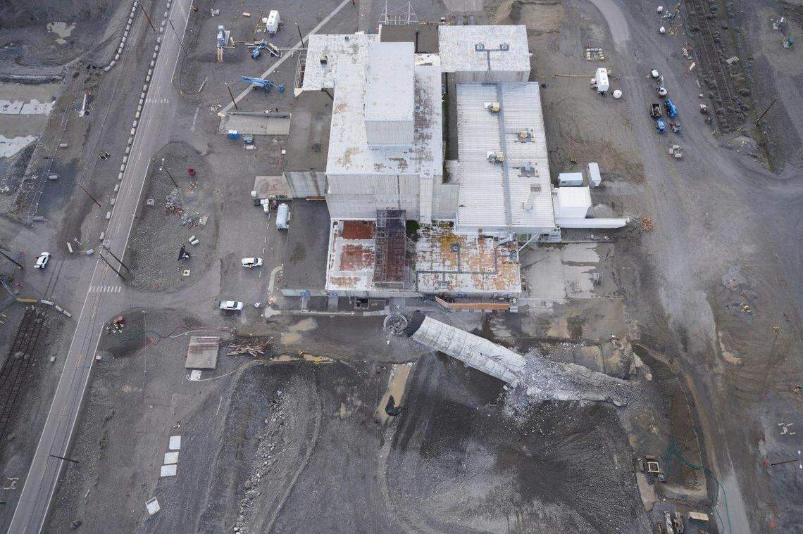 Explosives were used Friday afternoon to topple the 175-foot-tall exhaust stack of the K West Reactor at the Hanford nuclear site in Eastern Washington.
