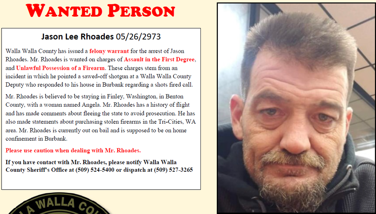 The Walla Walla County Sheriff’s Office was looking for Jason Rhoades after he skipped out of a court hearing.