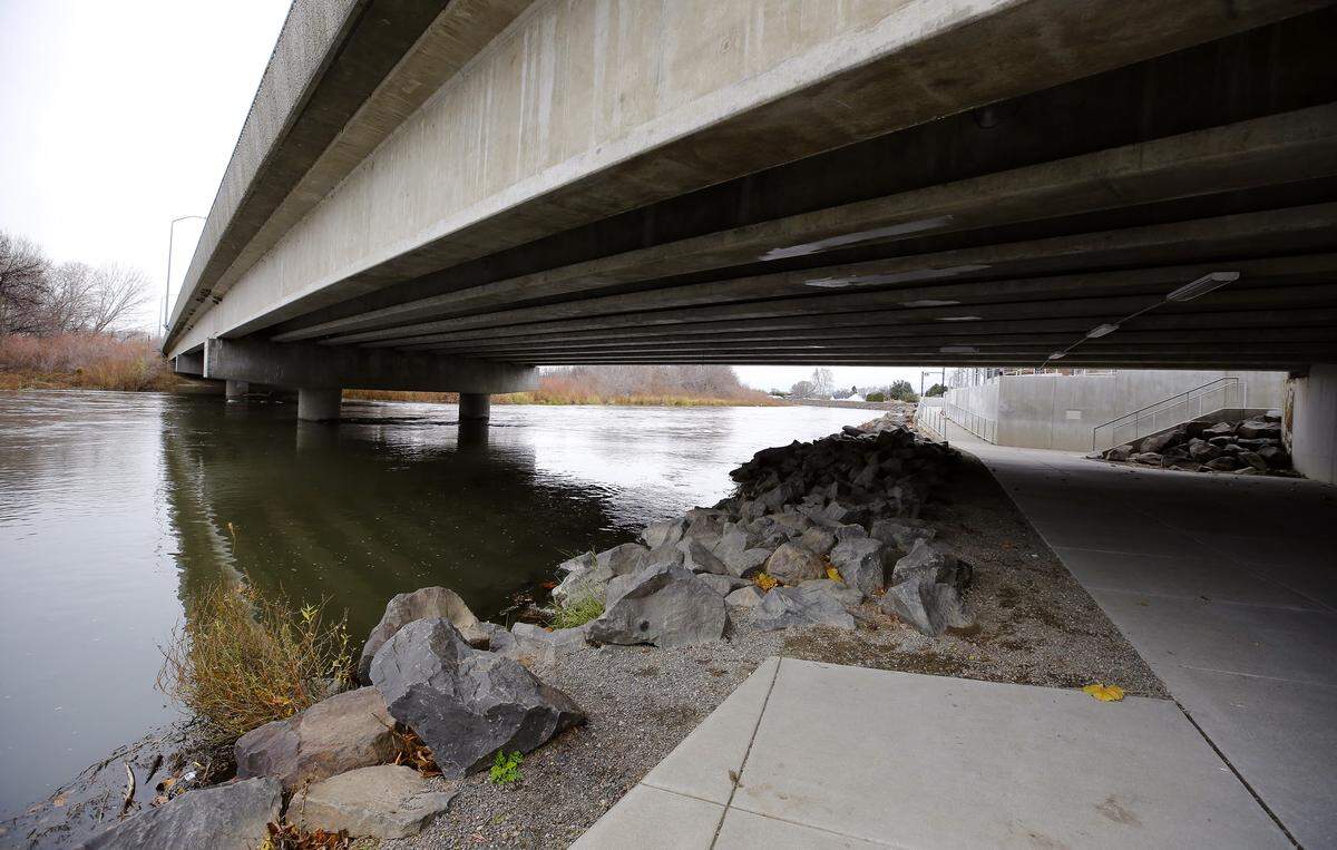 The Yakima River is expected to crest around 16.0 feet and cause moderate flooding. The view shows pathway under the Yakima River bridge into the city of West Richland.