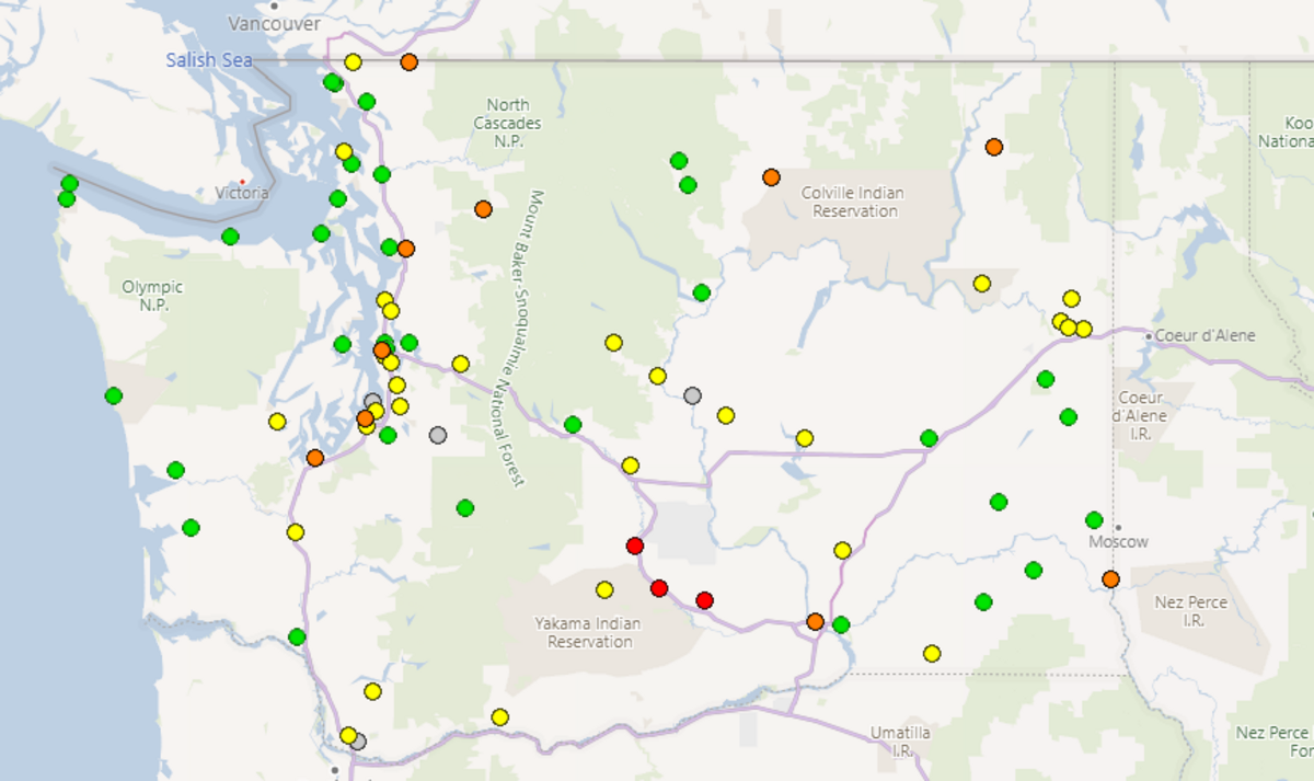 Here’s a look at air quality at 10:40 a.m. Monday. Green means good, yellow means moderate, orange means unhealthy for sensitive groups and red means unhealthy for everyone.