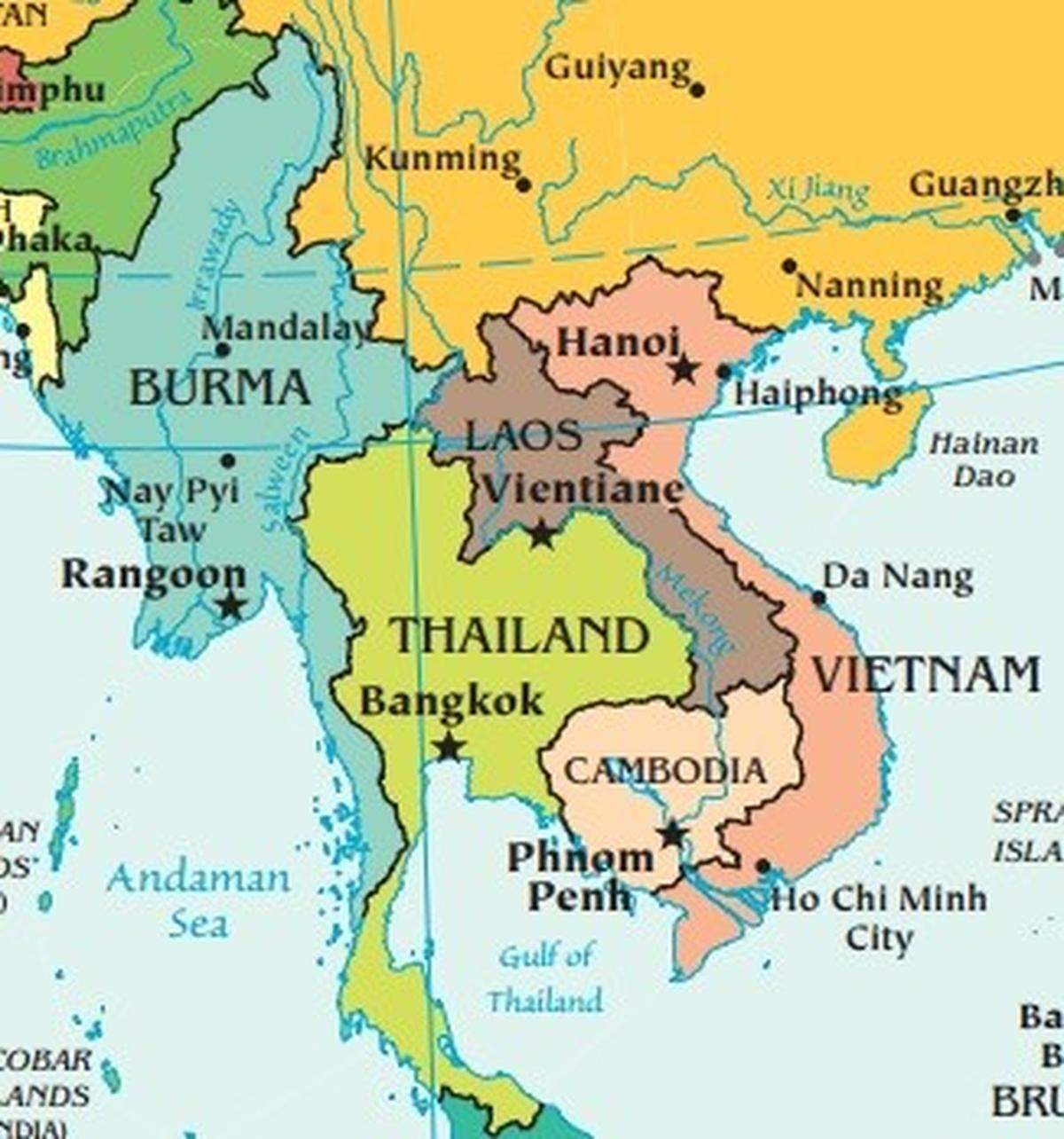 The Mekong River travels through Laos and Cambodia.
