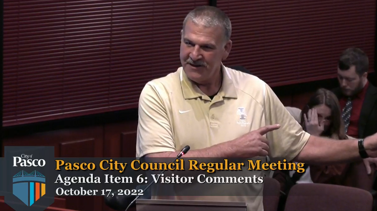 Franklin County Sheriff Jim Raymond speaks to the Pasco City Council about plans to lift the city’s ban on retail cannabis during a public commenting period.