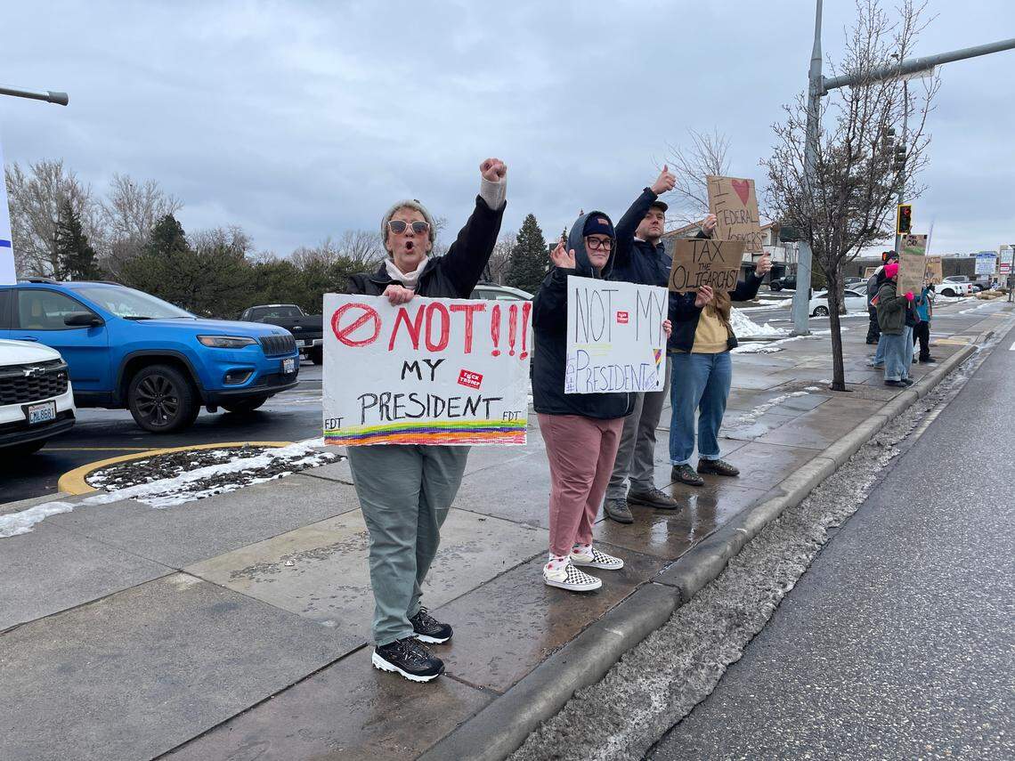 More than 100 people concerned about policy’s of the Trump administration waved signs along George Washington Way in Richland the afternoon of Washington’s Birthday.