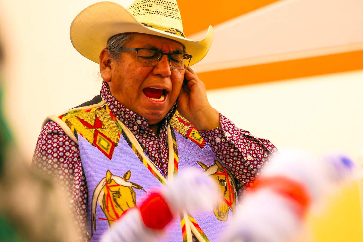 Fred Hill Sr. sings during drum practice ahead of the 3rd Annual Two Cultures One Community Powwow in Pendleton, Ore. Hill said the gathering focuses on honoring veterans and passing traditions to the next generation.