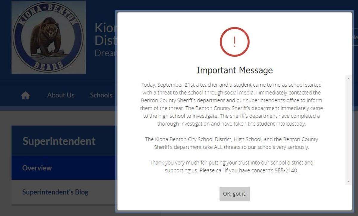 This message appeared on the Kiona-Benton City School District’s website Friday morning.