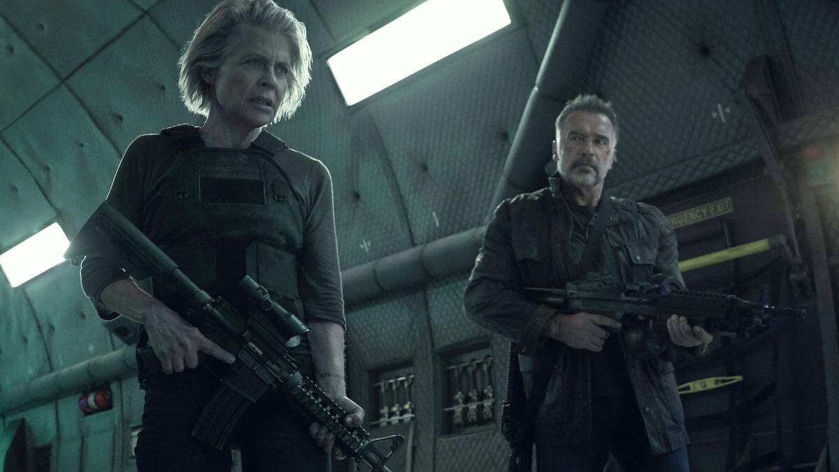 This image released by Paramount Pictures shows Linda Hamilton, left, and Arnold Schwarzenegger in “Terminator: Dark Fate.”