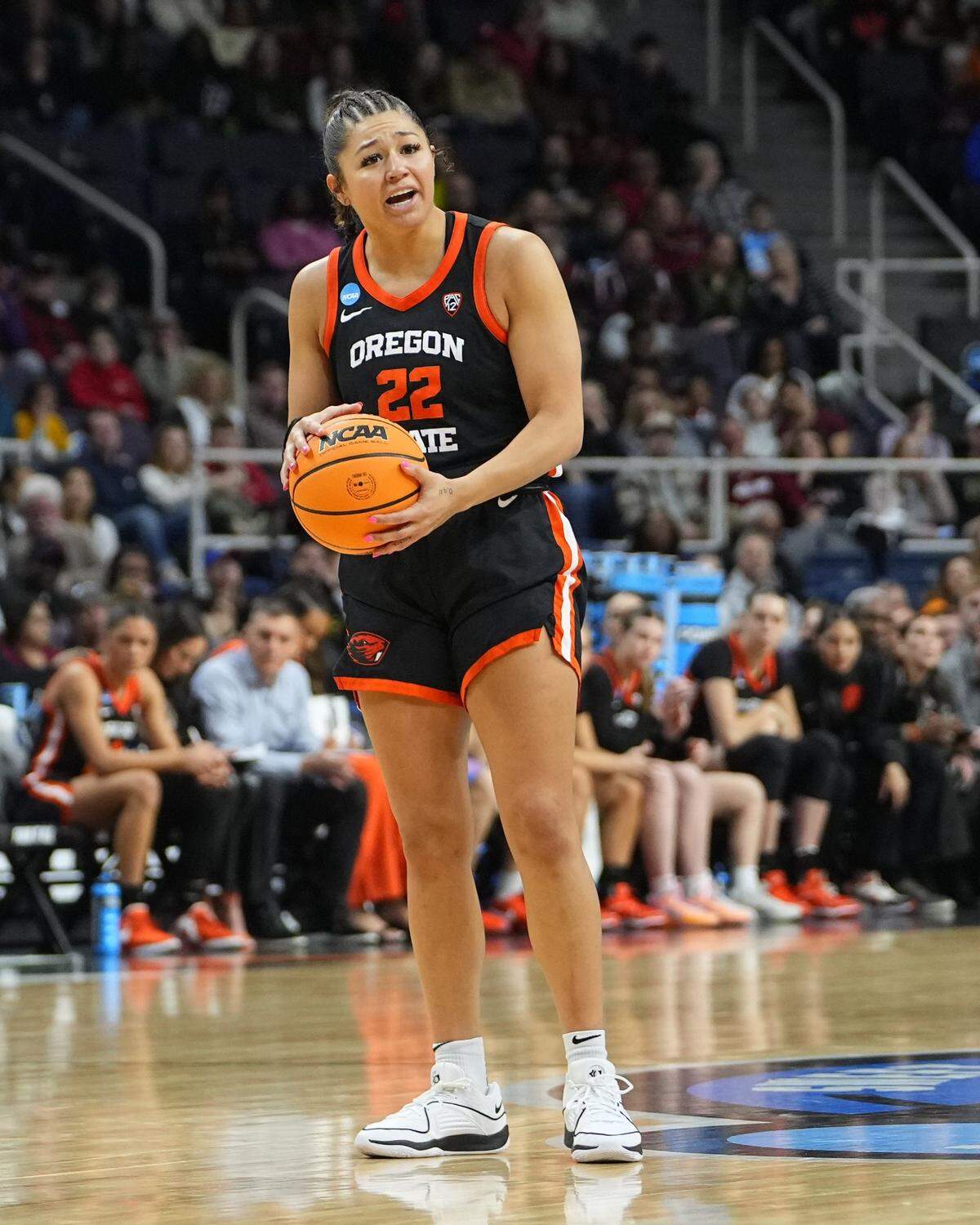 Mar 31, 2024; Albany, NY, USA;Oregon State Beavers guard Talia von Oelhoffen (22) reacts to a call on the court against the South Carolina Gamecocks during the first half in the finals of the Albany Regional of the 2024 NCAA Tournament at MVP Arena. Mandatory Credit: Gregory Fisher-USA TODAY Sports