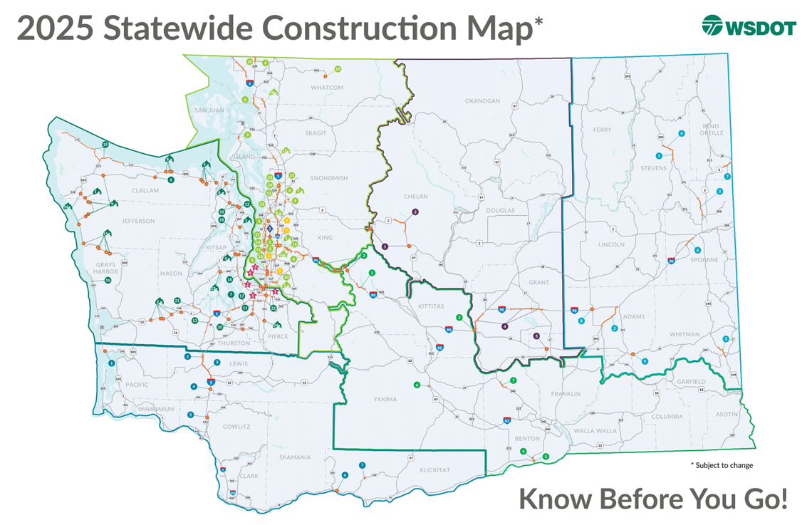 Map of the 117 major construction projects planned across Washington state.