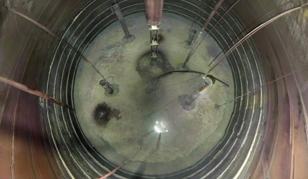 Radioactive and chemical waste inside Tank A-106 at the Hanford nuclear site before workers starting pumping it out to a double-shell tank for safer storage.