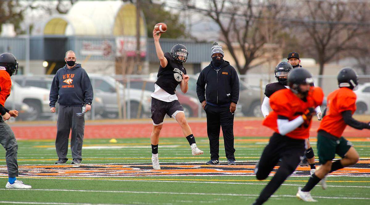 The Kennewick High football team recently practice passing plays in preparation for the upcoming abbreviated COVID-19 high school football season.