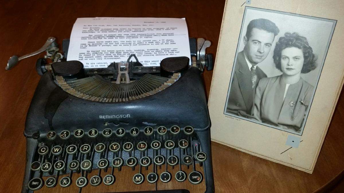 A faithful Remington typewriter captured many special memories of Noralee and Paul Fisher, pictured in their 1946 wedding photo.