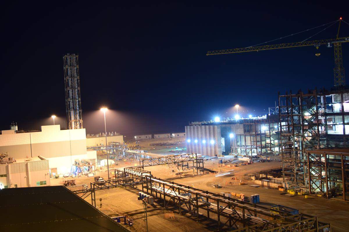 The Hanford vitrification plant campus is shown at night.