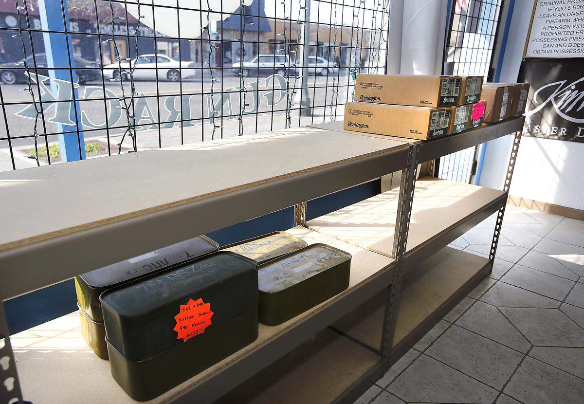 The bulk ammunition shelves at Columbia Gun Rack in downtown Kennewick are mostly barren from a recent surge in purchases during the coronavirus pandemic.