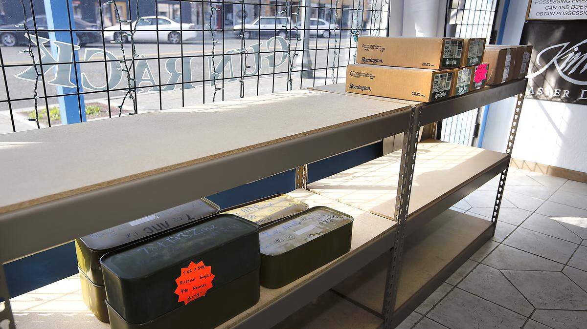 The bulk ammunition shelves at Columbia Gun Rack in downtown Kennewick, Wash. are mostly barren from a continued surge in purchases during the coronavirus pandemic.