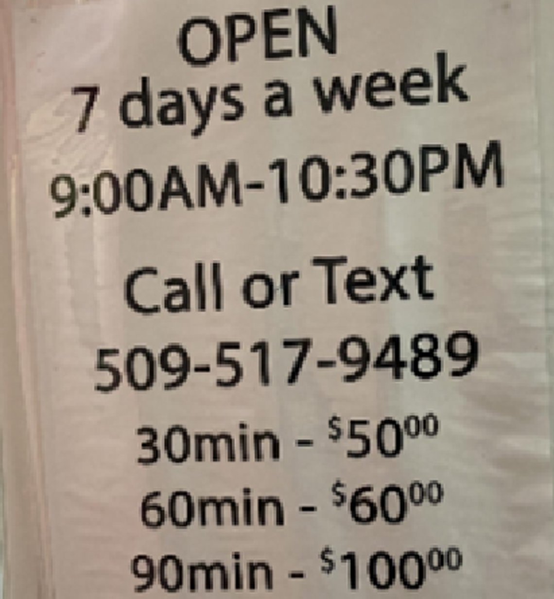 A sign at one of the illicit massage businesses recently shut down in the city of Kennewick.