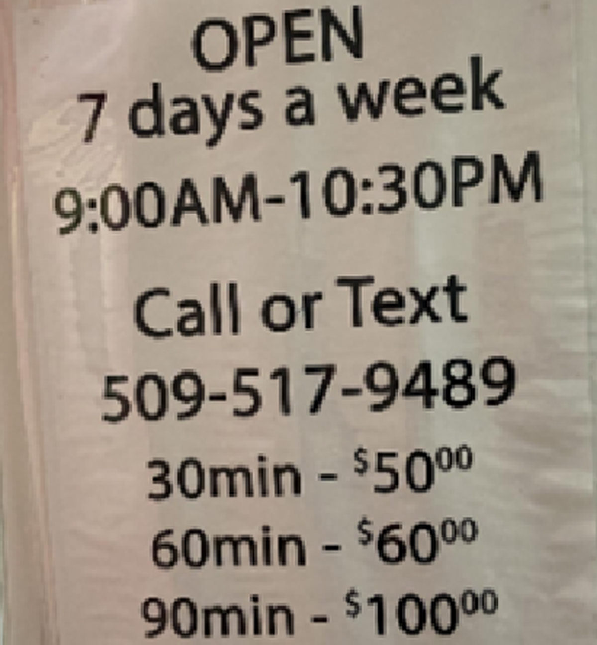 A sign at one of the massage parlors recently shut down in the city of Kennewick.