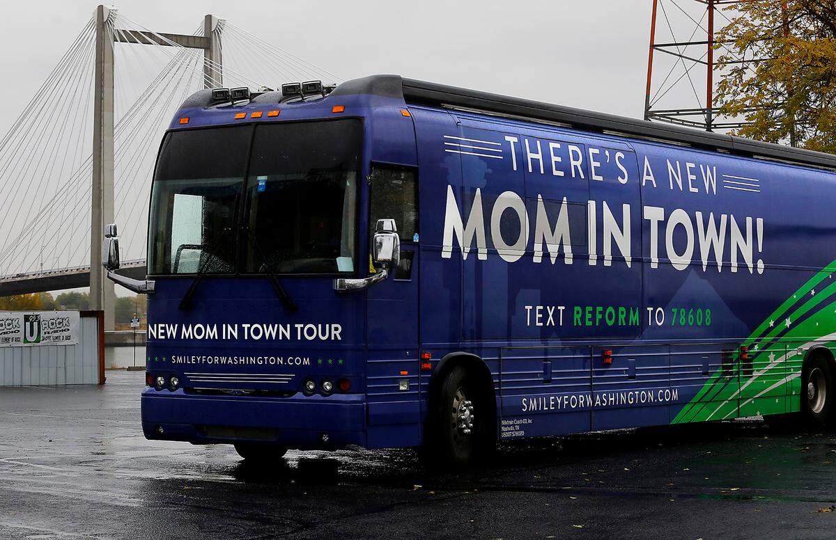The tour bus for U.S. Senate Candidate Tiffany Smiley is parked outside the Clover Island Inn on Tuesday.