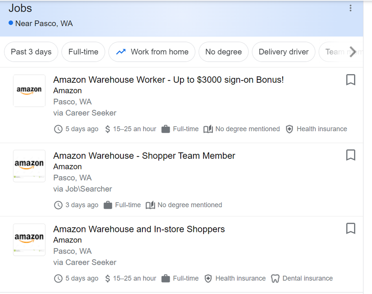 A misleading job listing appears to show Amazon is hiring warehouse workers in Pasco. The company said the listings are not legitimate.