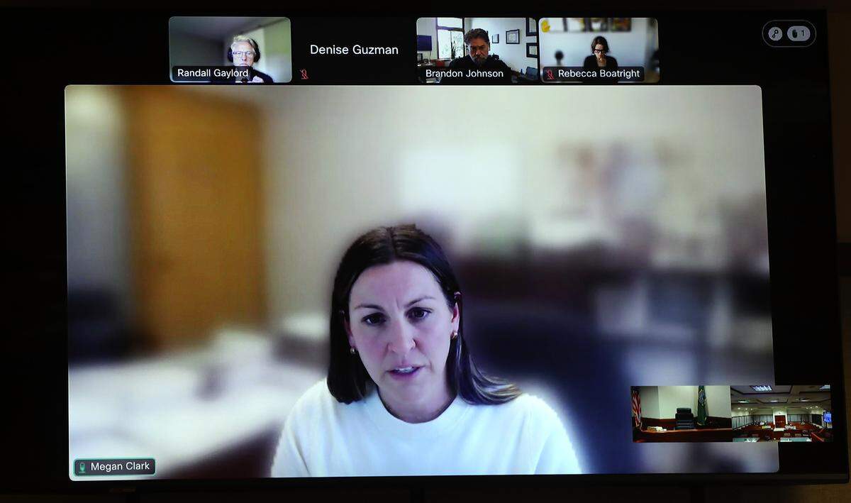 Megan Clark, the attorney representing the county, argues points to Judge Brandon Johnson to find Franklin County Sheriff Jim Raymond in contempt during Thursday's court hearing held via a video link.