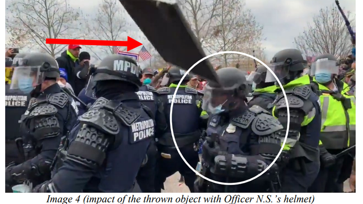 Court documents show the moment a D.C. Police Officer is hit in the head by a panel thrown by a Pendleton, Ore. Proud Boy.
