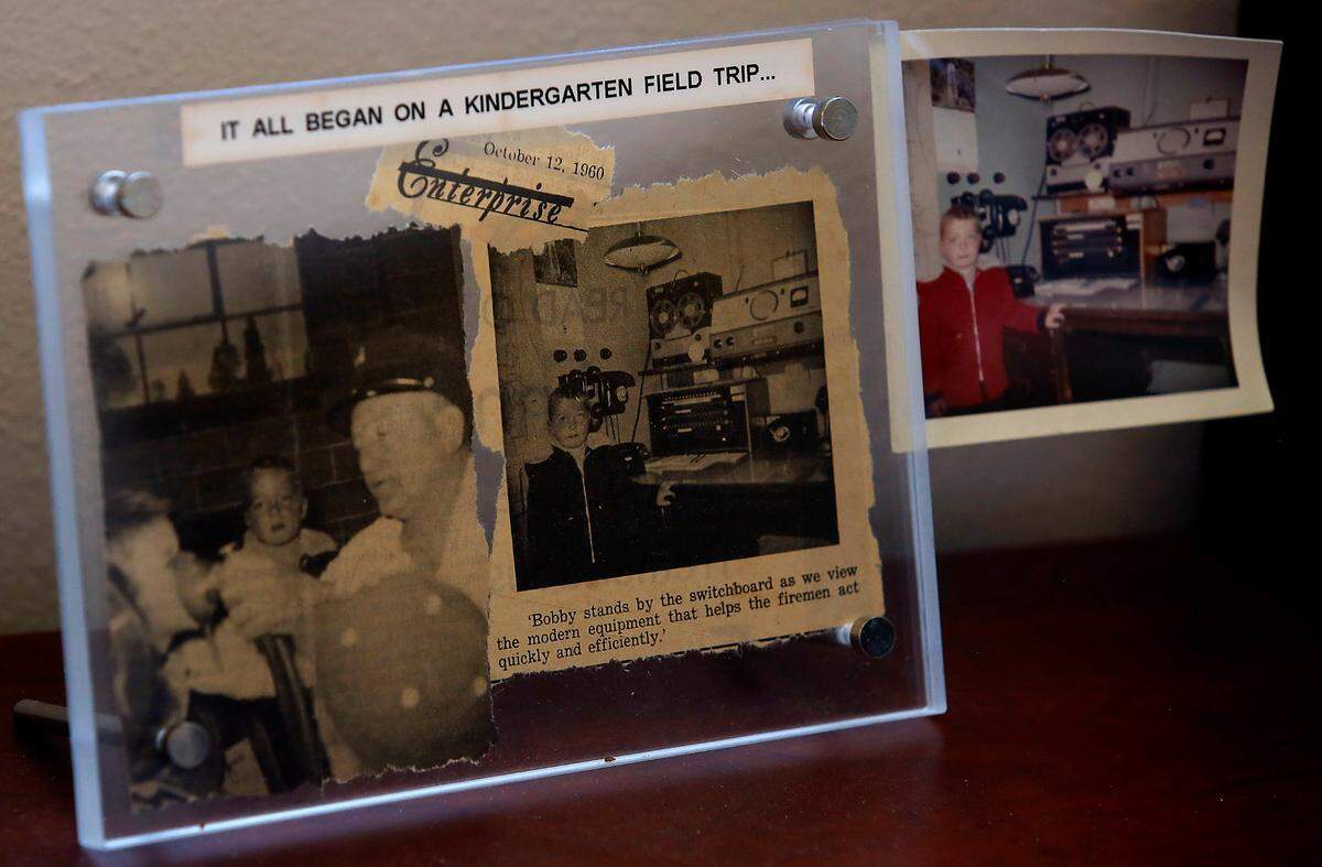 A newspaper clipping from 1960 shows “Bobby” Gear on a kindergarten field trip to a fire station. Pasco Fire Chief Bob Gear is retiring at the end of May.