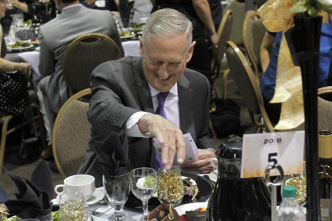 U.S. Secretary of Defense James Mattis, a Richland native, gets ready to speak Thursday at the 2018 Tri-Citian of the Year at Three Rivers Convention Center in Kennewick.
