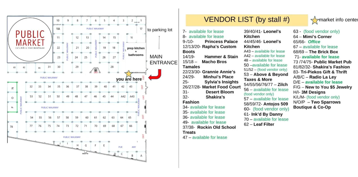 A map and vendor list of the Kennewick Public Market on Bruneau Ave.