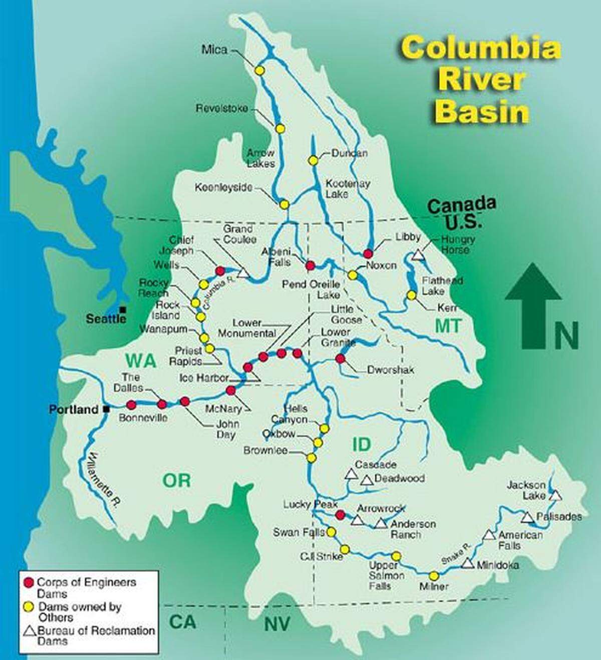 There are more than 250 reservoirs and around 150 hydroelectric projects in the Columbia River Basin, including 18 main-stem dams on the Columbia and its main tributary, the Snake River, according to the Army Corps of Engineers.