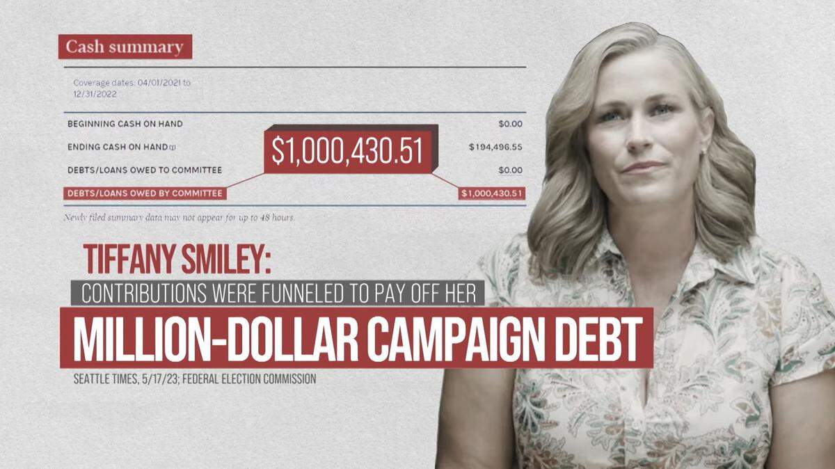 Tiffany Smiley, the Pasco veterans advocate challenging Dan Newhouse for his seat in Congress, is targeted by attack ads over fundraising efforts that he claims were misleading.