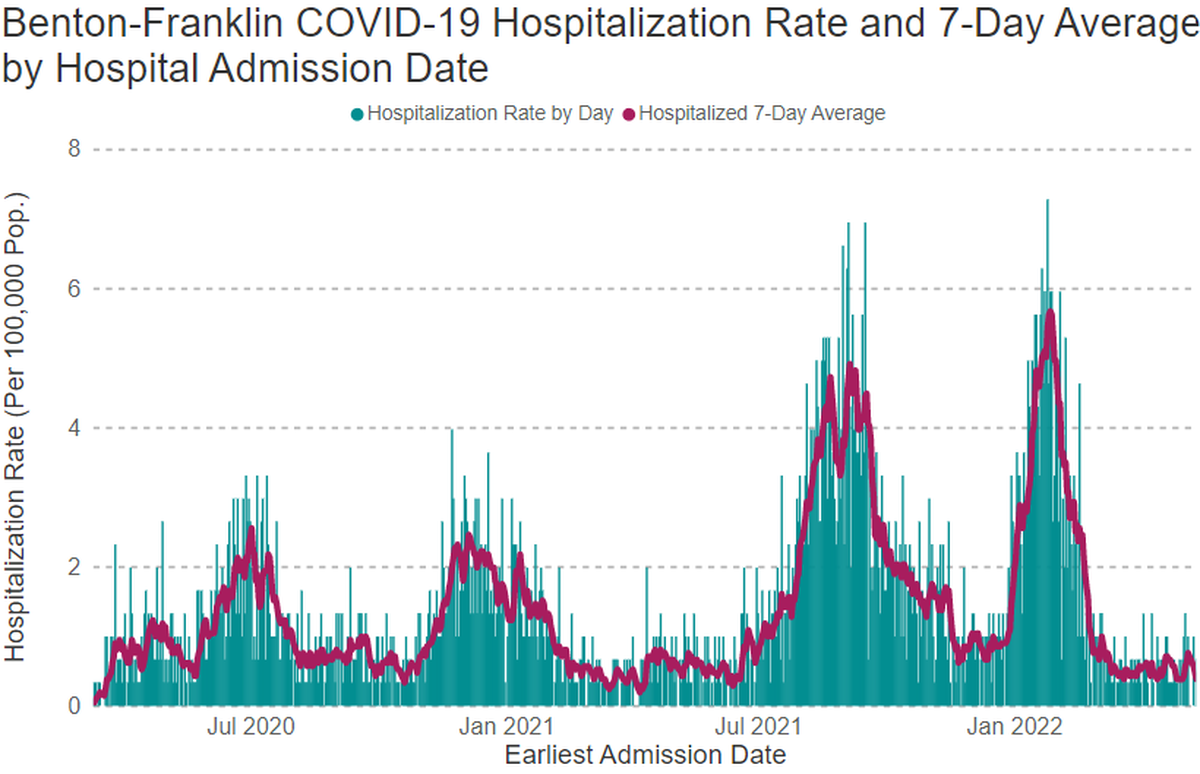 The hospitalization rate for patients with COVID-19 in the Tri-Cities area remains at levels that hospitals in Richland, Kennewick, Pasco and Prosser can handle, as shown on this screenshot.