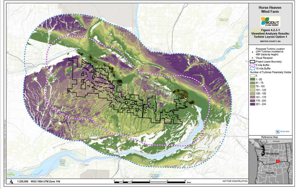 Under one proposed configuration of the Horse Heaven Hills Wind Farm south of the Tri-Cities, more than 200 turbines could be seen from areas shown in the darkest purple.