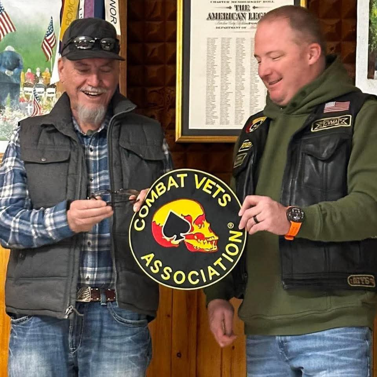 Robert Ellis DeWayne Jr. receives a Combat Veterans Motorcycle Association (Chapter 11-6) patch. The 71-year-old Navy veteran died after a hit-and-run in Walla Walla in late May.